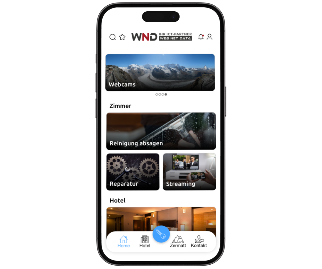 Startseite unserer Schweizer Digital Gästereise MYWND APP aus Zermatt für Hoteliers