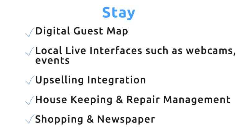 • Digital Guest Map • Local Live Interfaces such as webcams, events, etc. • - Integration Upselling • - House Keeping & Repair Management • Shopping & Newspaper