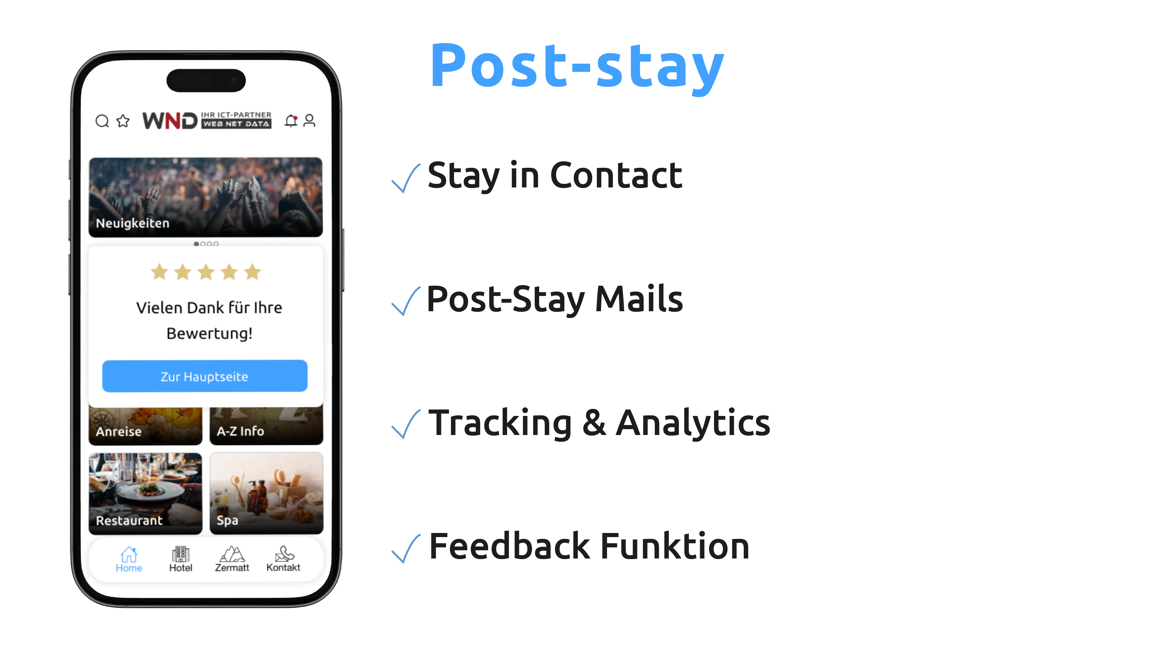 Stay in Contact, Post Stay- Mails, Tracking & Analytics, Feedback Funktion